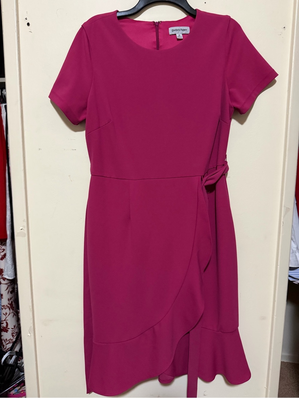 Shelby & Palmer Fuchsia Short-Sleeve Wrap-Accent Midi Dress
